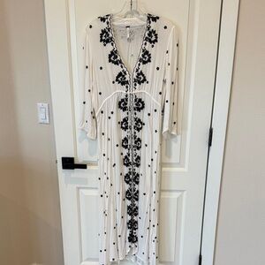 Free People White Maxi Dress with Black Floral Embroidery